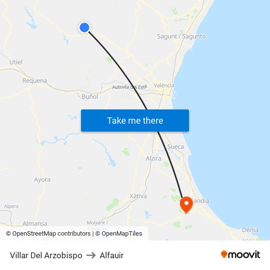 Villar Del Arzobispo to Alfauir map