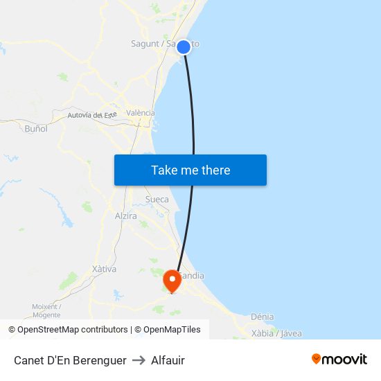 Canet D'En Berenguer to Alfauir map