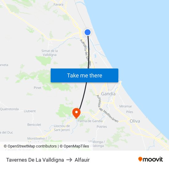 Tavernes De La Valldigna to Alfauir map