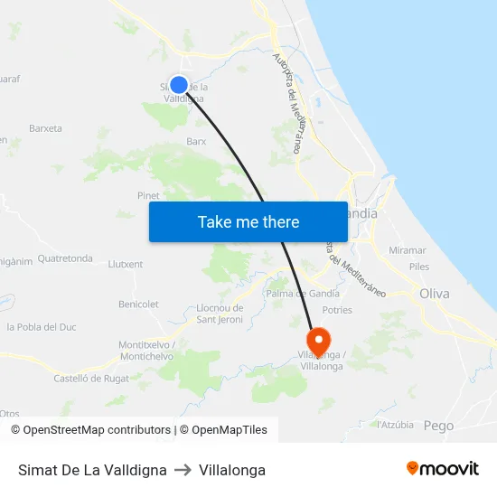 Simat De La Valldigna to Villalonga map