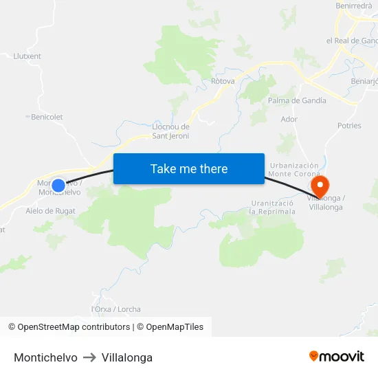 Montichelvo to Villalonga map