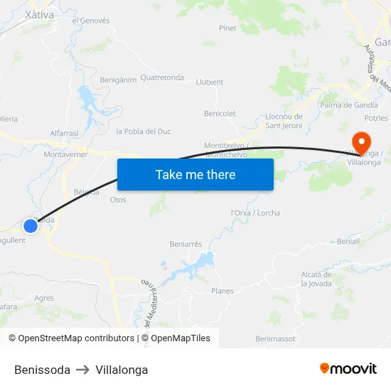 Benissoda to Villalonga map