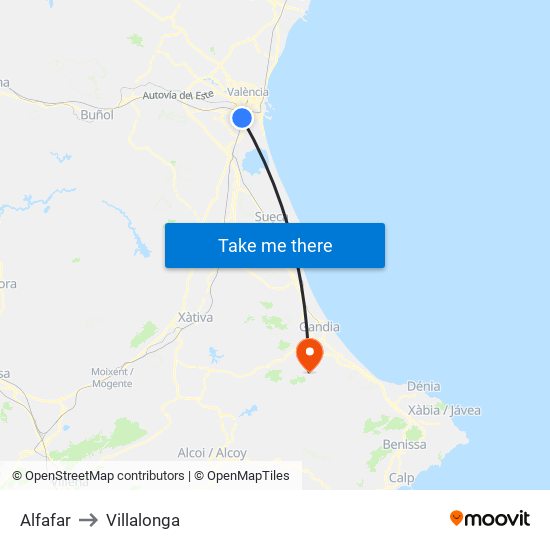 Alfafar to Villalonga map