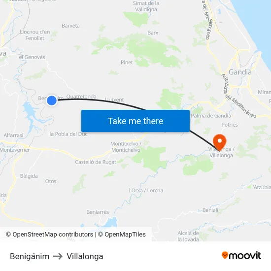 Benigánim to Villalonga map