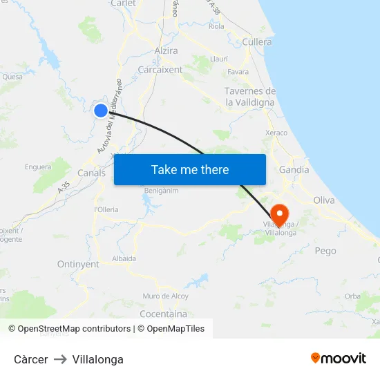 Càrcer to Villalonga map