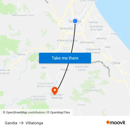 Gandia to Villalonga map