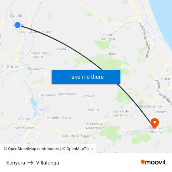 Senyera to Villalonga map