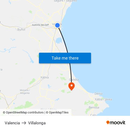 Valencia to Villalonga map