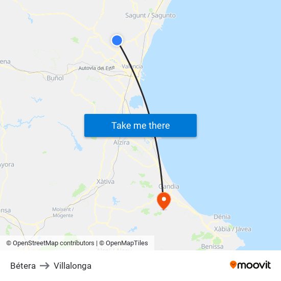 Bétera to Villalonga map