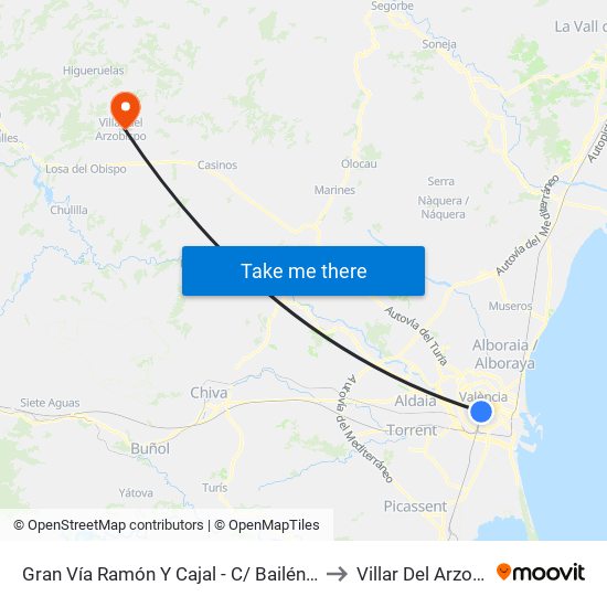 Gran Vía Ramón Y Cajal - C/ Bailén [València] to Villar Del Arzobispo map