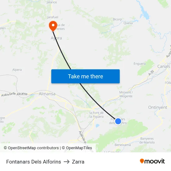 Fontanars Dels Alforins to Zarra map