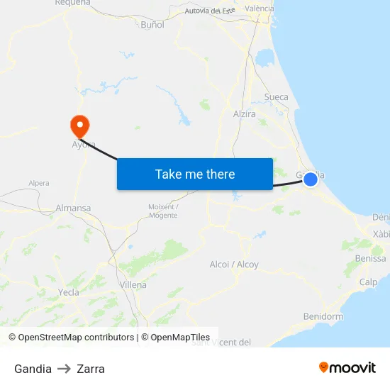 Gandia to Zarra map