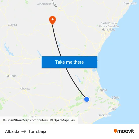 Albaida to Torrebaja map