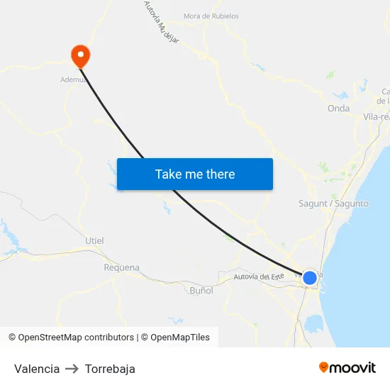 Valencia to Torrebaja map