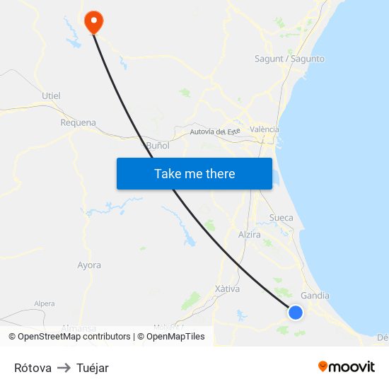 Rótova to Tuéjar map