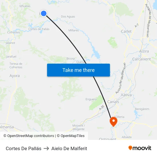 Cortes De Pallás to Aielo De Malferit map