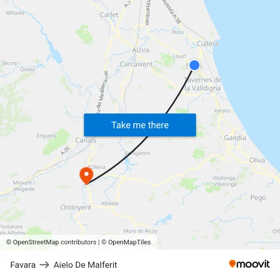 Favara to Aielo De Malferit map
