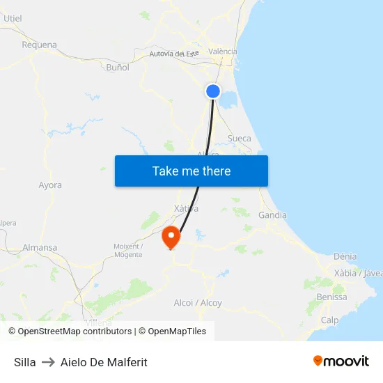 Silla to Aielo De Malferit map