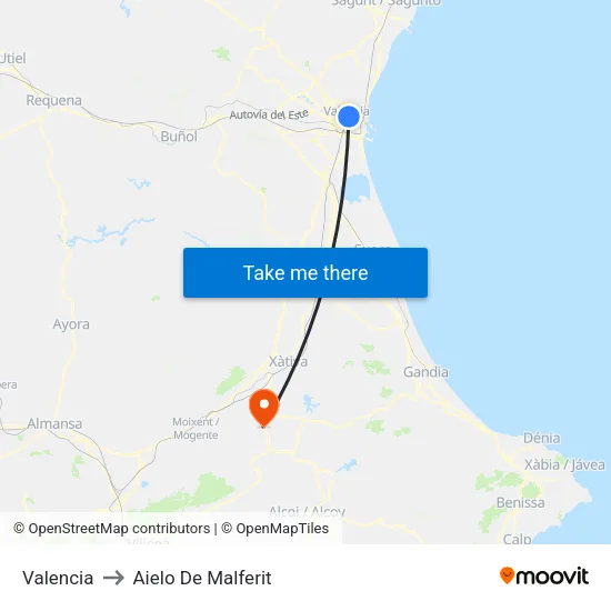 Valencia to Aielo De Malferit map