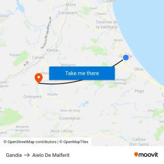 Gandía to Aielo De Malferit map