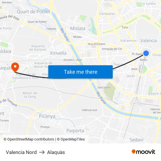 Valencia Nord to Alaquàs map