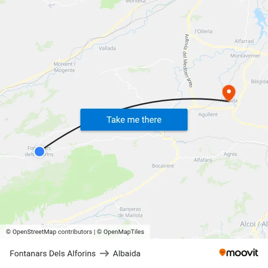 Fontanars Dels Alforins to Albaida map