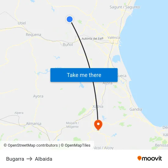 Bugarra to Albaida map