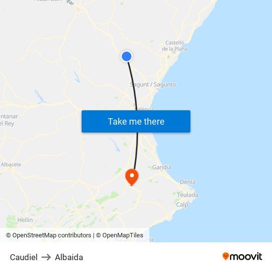 Caudiel to Albaida map