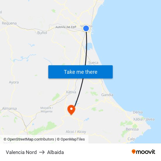 Valencia Nord to Albaida map