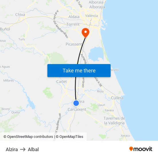 Alzira to Albal map