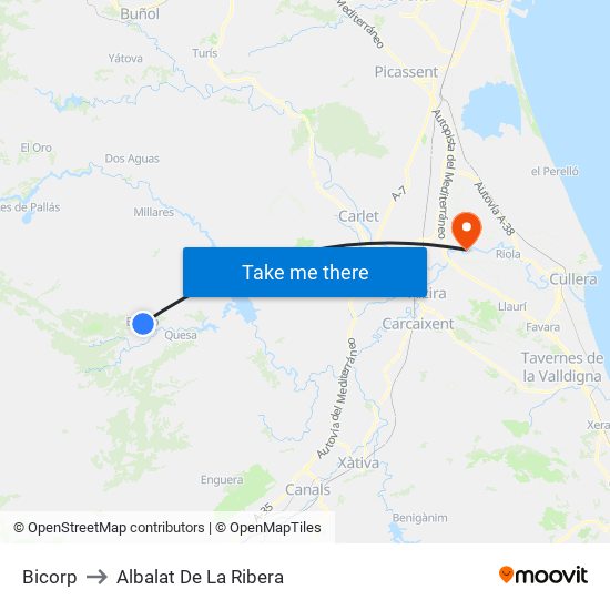 Bicorp to Albalat De La Ribera map