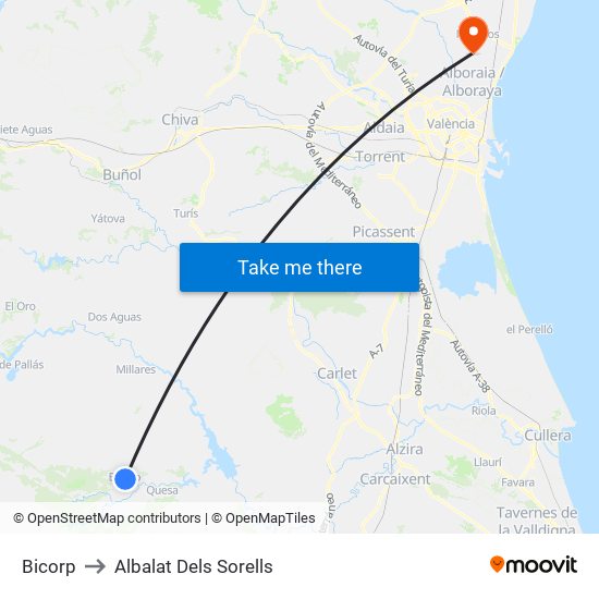 Bicorp to Albalat Dels Sorells map