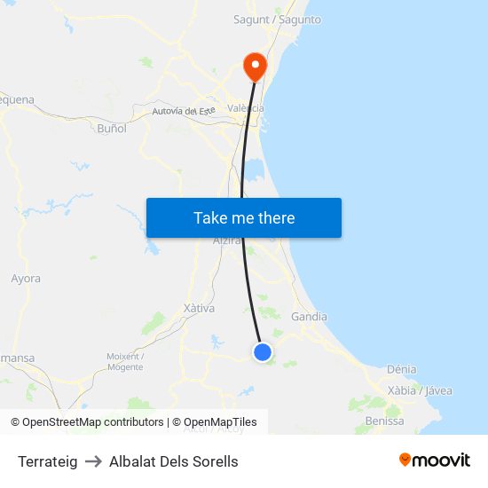 Terrateig to Albalat Dels Sorells map