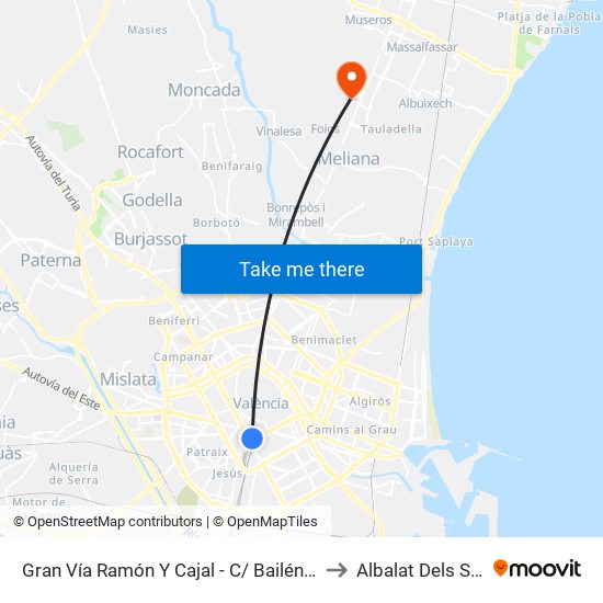 Gran Vía Ramón Y Cajal - C/ Bailén [València] to Albalat Dels Sorells map