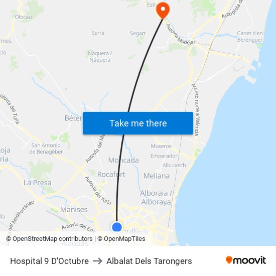 Hospital 9 D'Octubre to Albalat Dels Tarongers map