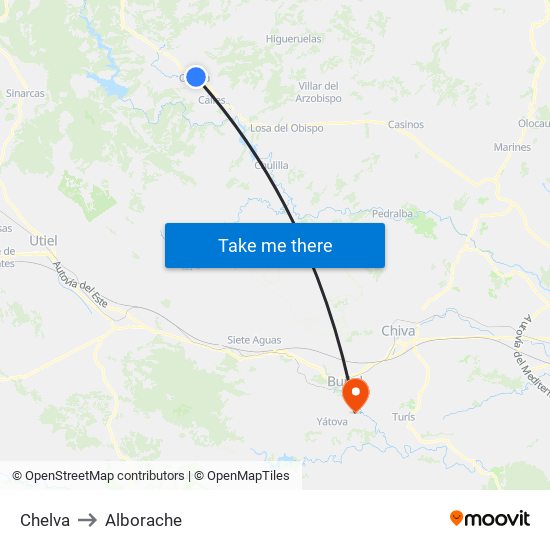 Chelva to Alborache map