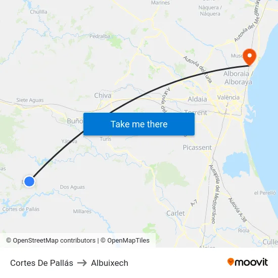 Cortes De Pallás to Albuixech map
