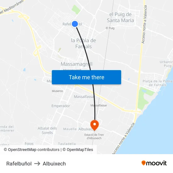 Rafelbuñol to Albuixech map