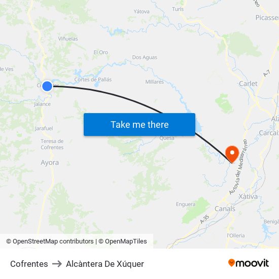 Cofrentes to Alcàntera De Xúquer map