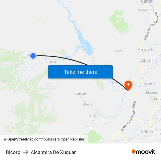 Bicorp to Alcàntera De Xúquer map