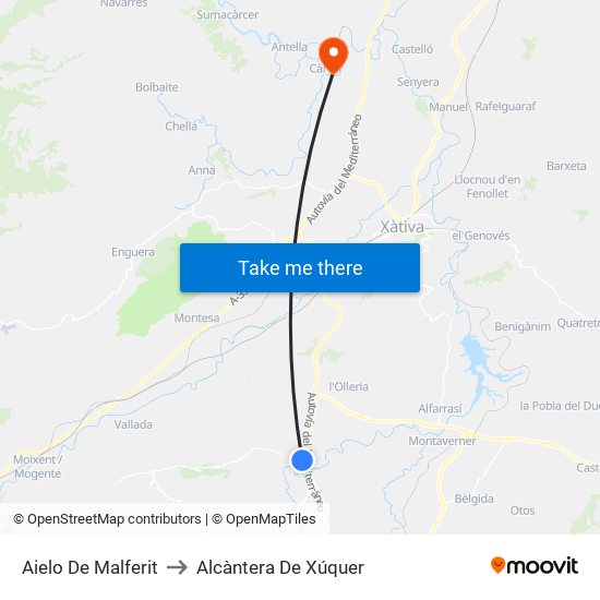 Aielo De Malferit to Alcàntera De Xúquer map