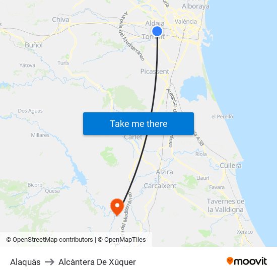Alaquàs to Alcàntera De Xúquer map