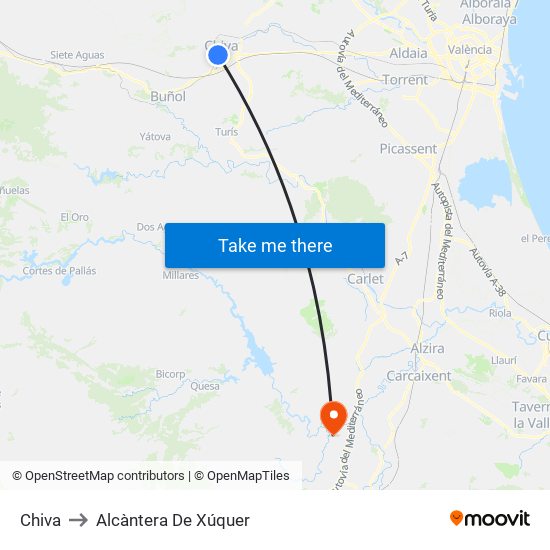 Chiva to Alcàntera De Xúquer map