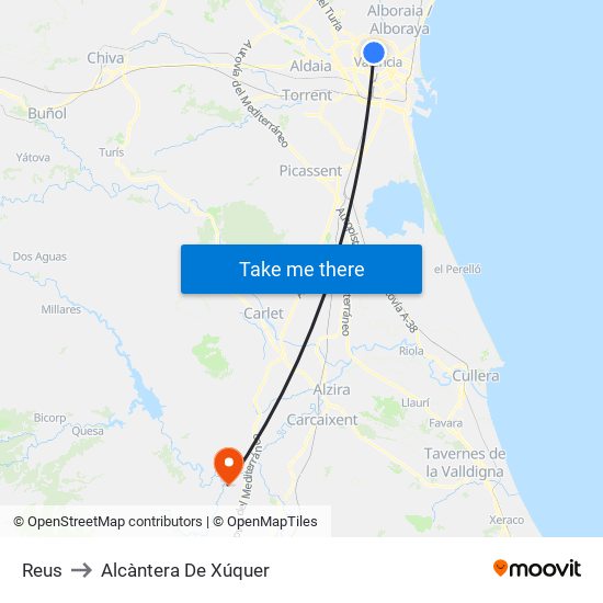 Reus to Alcàntera De Xúquer map