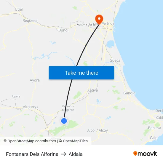 Fontanars Dels Alforins to Aldaia map
