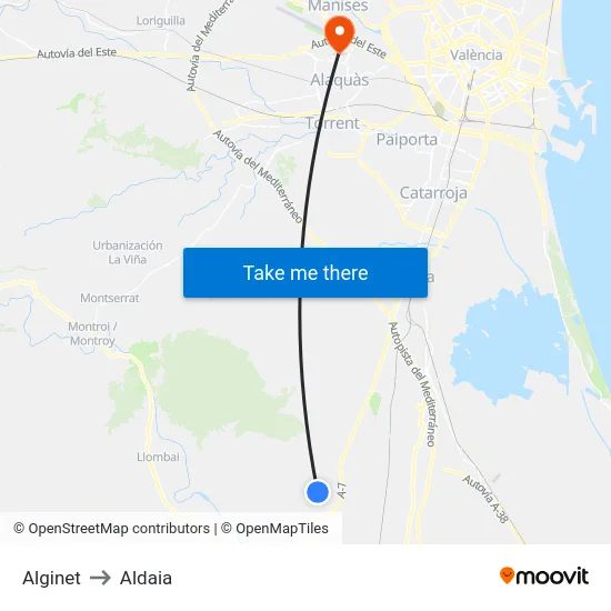 Alginet to Aldaia map