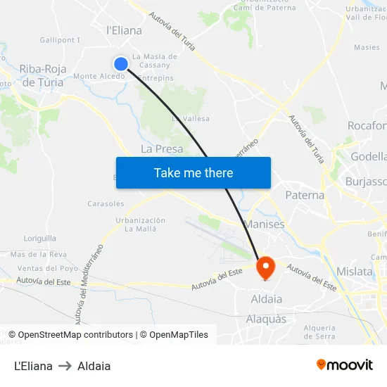 L'Eliana to Aldaia map