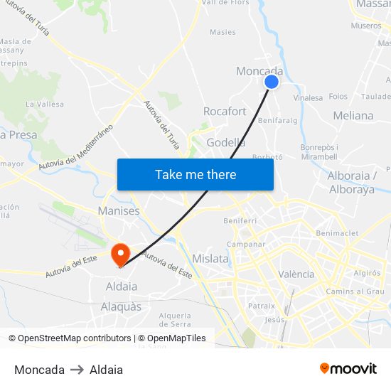 Moncada to Aldaia map