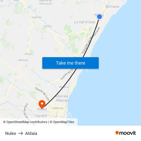 Nules to Aldaia map