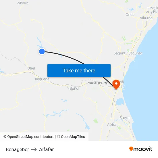 Benagéber to Alfafar map